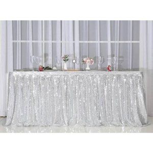 Silver Sequin Table Skirt 6 feet x 30 inch Drop Wedding Dining Tablecloth Decor